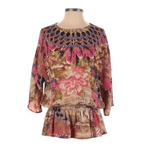 Chico’s Boho Feather Colorful Print Rhinestone Lightweight Blouson Size 1 (M)